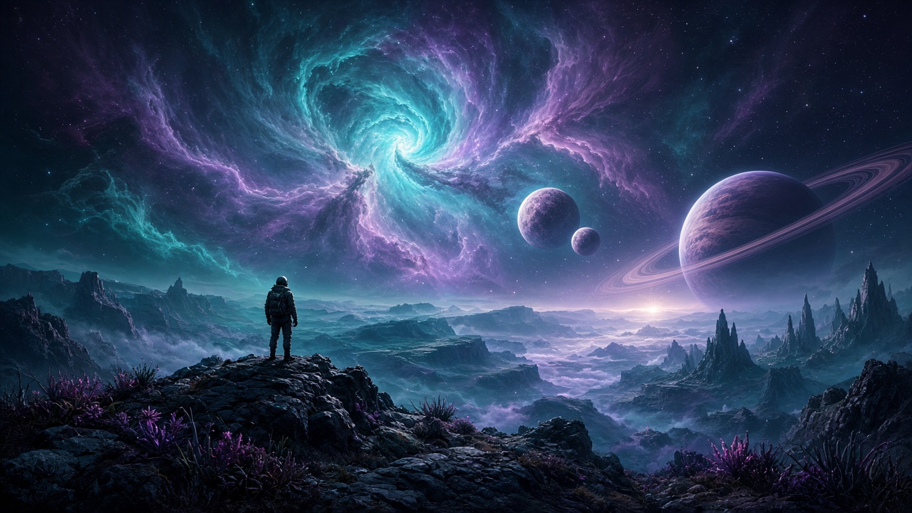 Horizon cosmique stylisé : nébuleuses et planètes, ambiance exploration spatiale