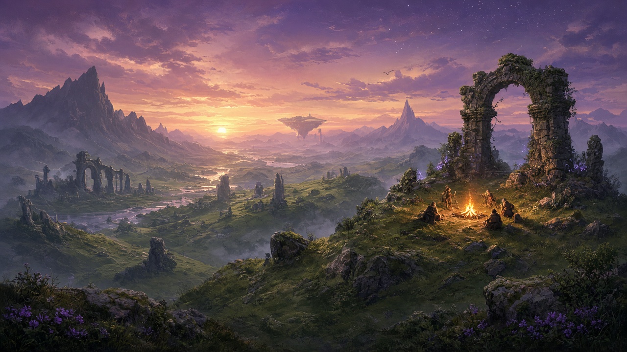 Monde fantasy au crépuscule : collines, feu de camp et ciel magique, esprit Light No Fire